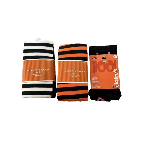 Halloween Lot Of 3 Pairs Tights Stockings Striped Sweater Knit Nylon Bat Design - Picture 1 of 2